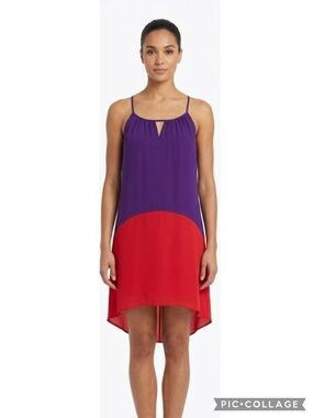 Gabby Skye Dress High Low Sheath Purple Red Colorblock Halter Crepe 10